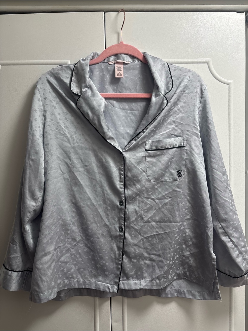 Victoria's Secret Light Gray Satin Pajama Top with Black Piping
